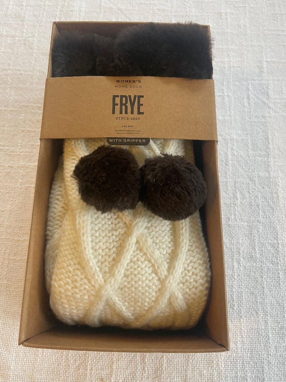 FRYE Women's Cable Knit Pom Pom Slipper Socks Cream/Brown